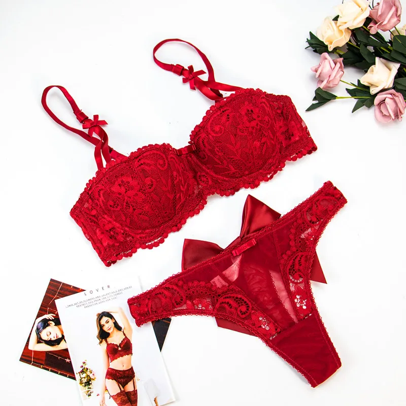 Women Sexy Lace Half Cup Push Up Embroidery Lingerie Set Underwiring And Padding Bralette Bow