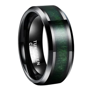 Coolstyle Jewelry 8mm Beveled Polished Black Tungsten Ring for Men Women Green Wood Inlay Fashion Engagement Wedding Band