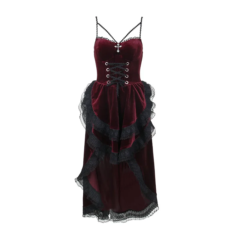 Grunge Gothic Women Dress Lace Trim High Waist Bodycon Mini Dress 2026 New  E-girl Vintage Punk Harajuku Lolita Party Clothes