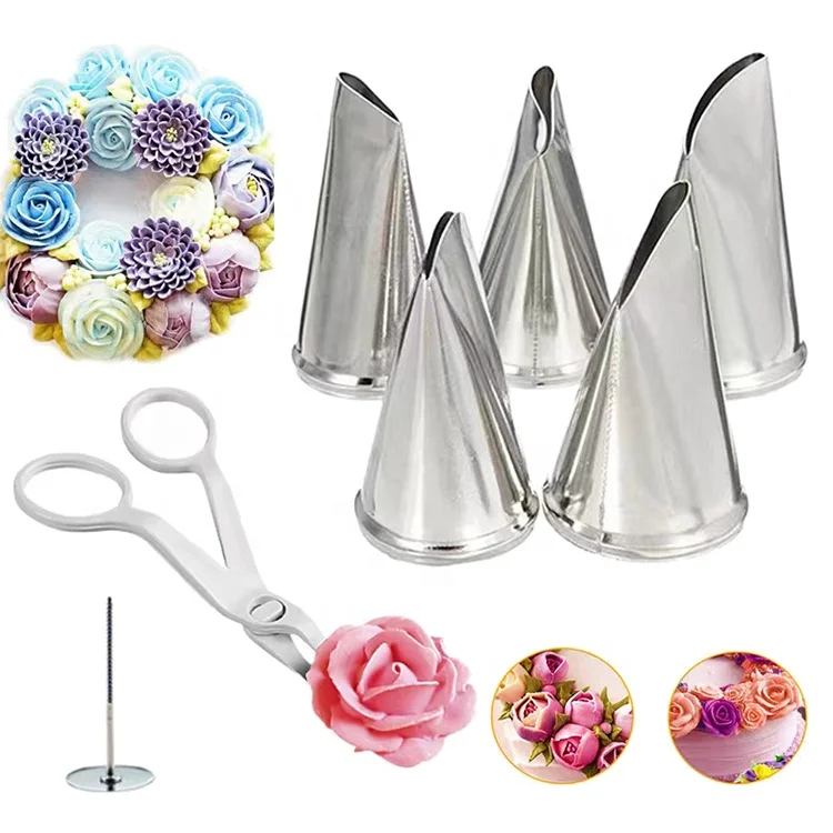 Wanlihao 7pcs/set Rose Flower Petals Cake Piping Nozzle and Scissors Cake  Decorating Tools Kits