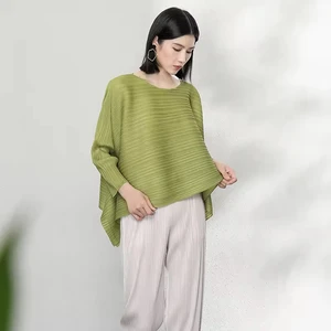 Miyake 2025 Women's Casual Long Sleeve Pleated T-Shirt Asymmetrical Solid Color Fashion Design Top