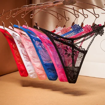 Wholesale Lady Sexy Embroidered Lace Thongs Low-Rise Underwear Lingerie Transparent Panties For Women