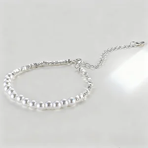 Women's Elegant Pearl Silver Bead Bracelet Adjustable Chain Fashion Jewelry Minimalist Chic Accessory for Daily Wear Gift