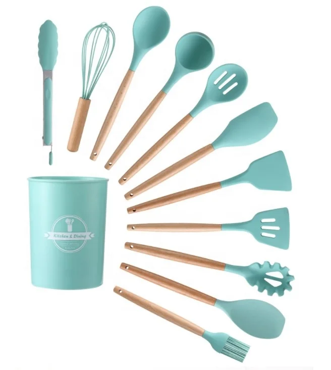 Термостойкая антипригарная ложка-Тернер, кухонные инструменты с деревянной ручкой, набор из 12 силиконовых кухонных принадлежностей