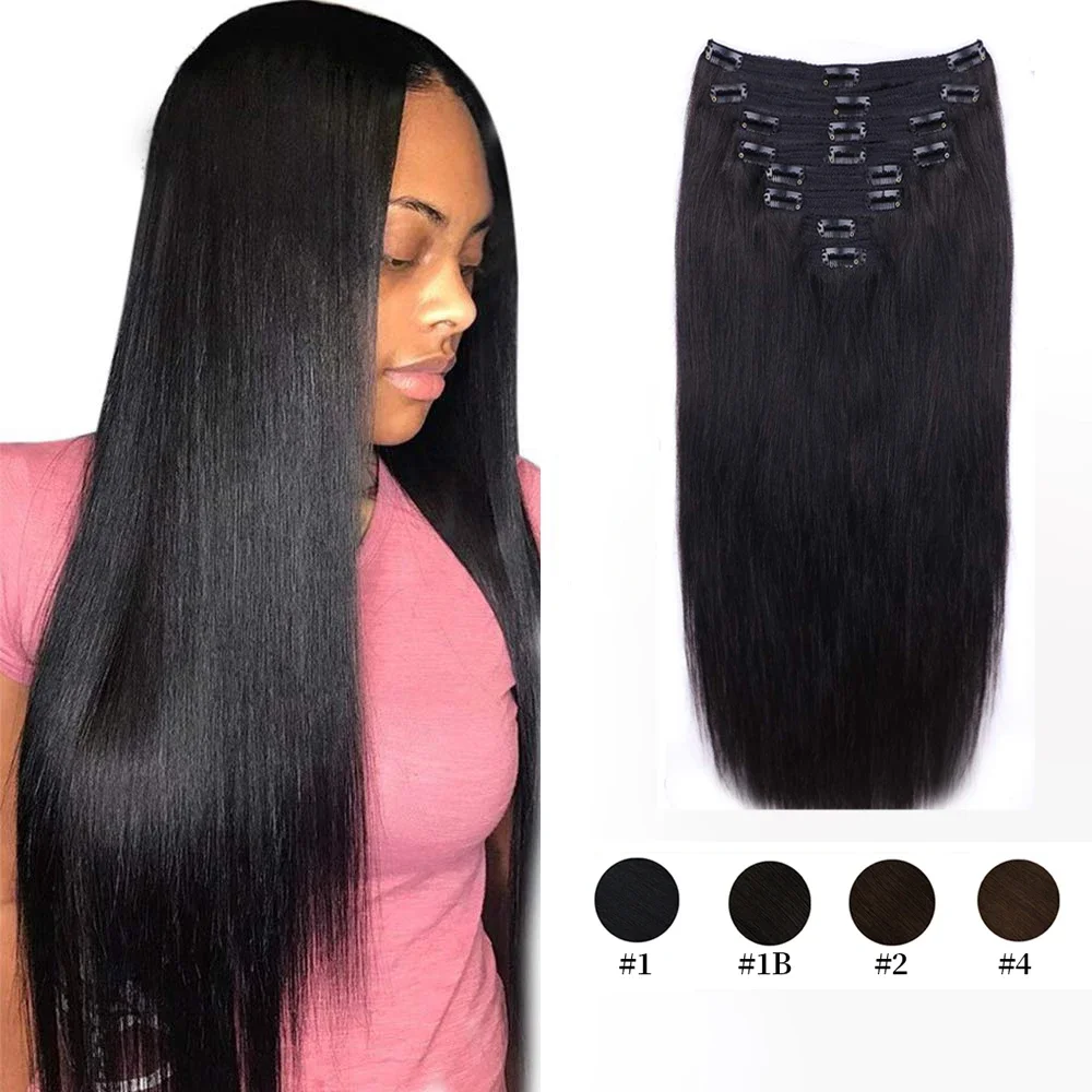Straight Clip In Hair Extensions Natural Black Color_voghion.com