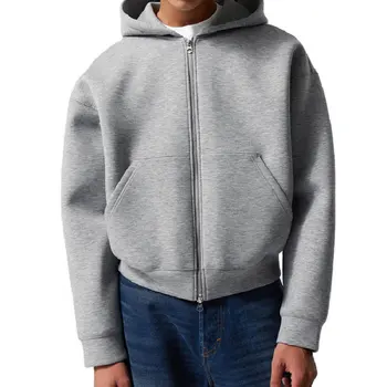 OEM Luxury Zipup Hoodie 100%Cotton 500gsm French Terry Heavyweight Plain Zipped up Men Boxy Cropped Hoodies Custom Printing