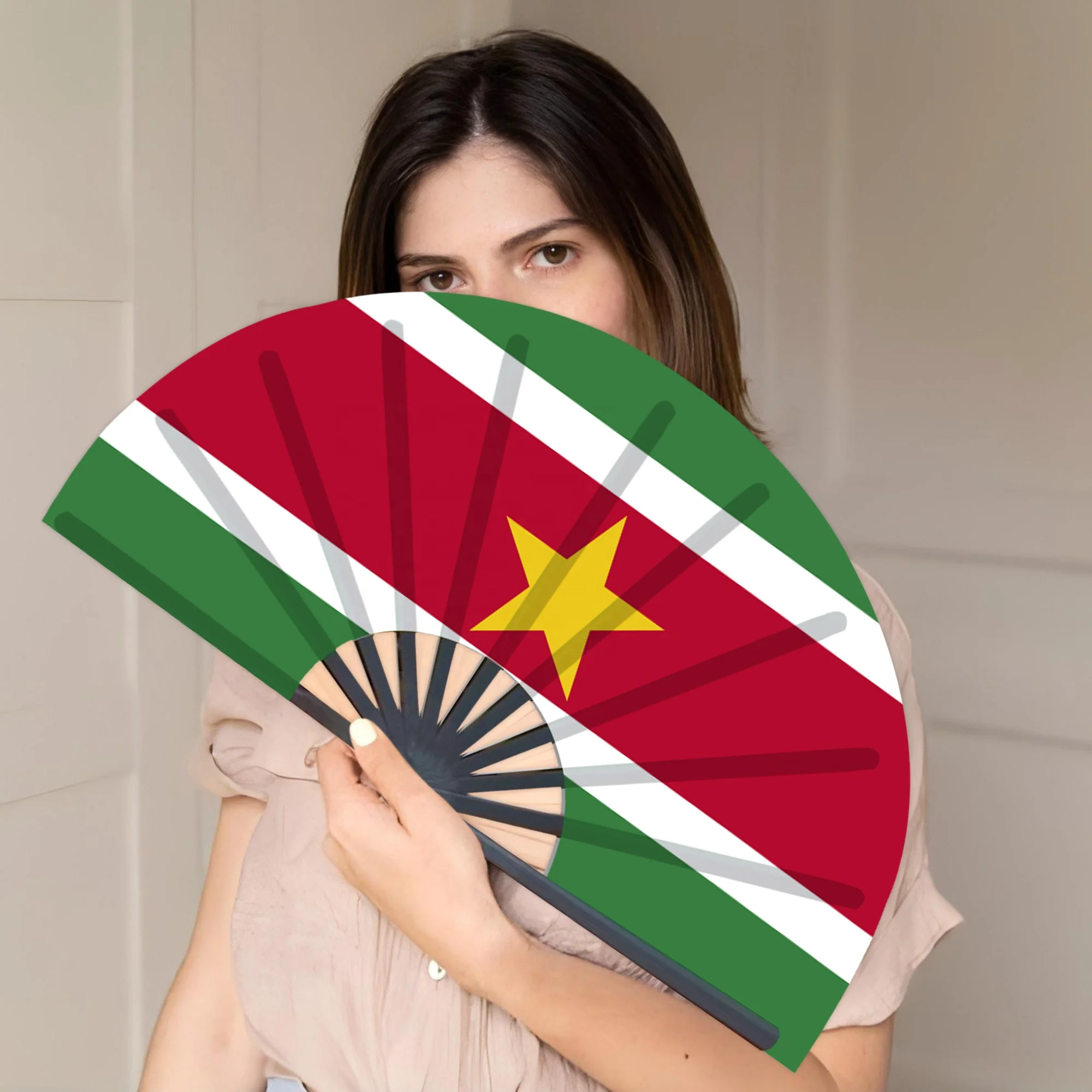 Suriname Flag Handheld Fan 33cm Handheld Open And Close Lightweight Multicultural Theme Fan_voghion.com