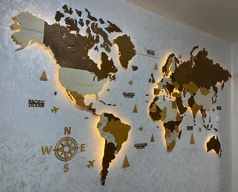 3d Wooden World Map Office Geography Gift Wall Decoration Wall Wooden ...