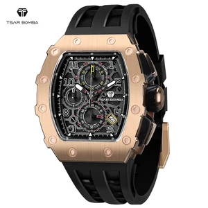 Rose Gold Tonneau Case Chronograph Men's Watch TSAR BOMBA with Seiko Quartz Movement Business Fashion Style with Silicone Strap