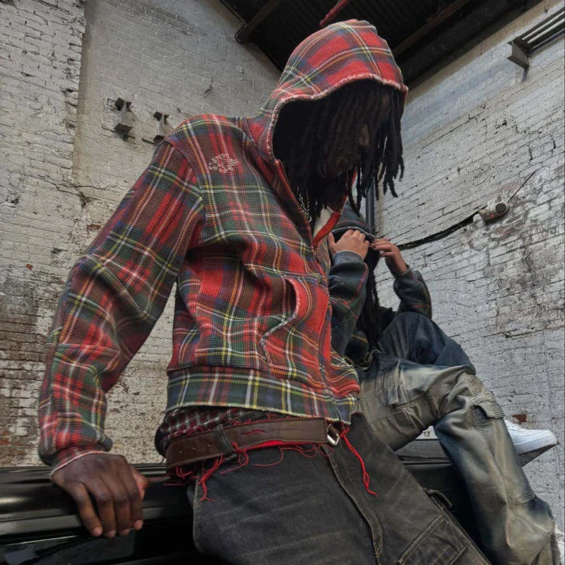 Wholesale Heavyweight Oversized Hoodies Knit Boxy Cropped Vintage Washed Hoodie Sun Faded Zip up Plaid Hoodie gallery 8