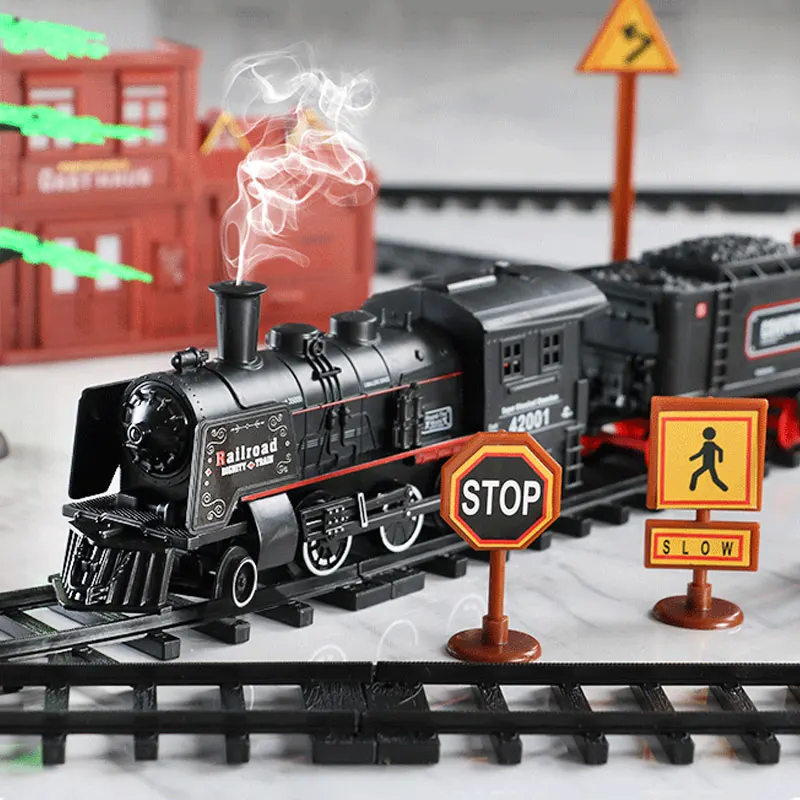 Литой под давлением игрушечный автомобиль электрический поезд трек набор игрушечный поезд с дымом и треками световые звуки