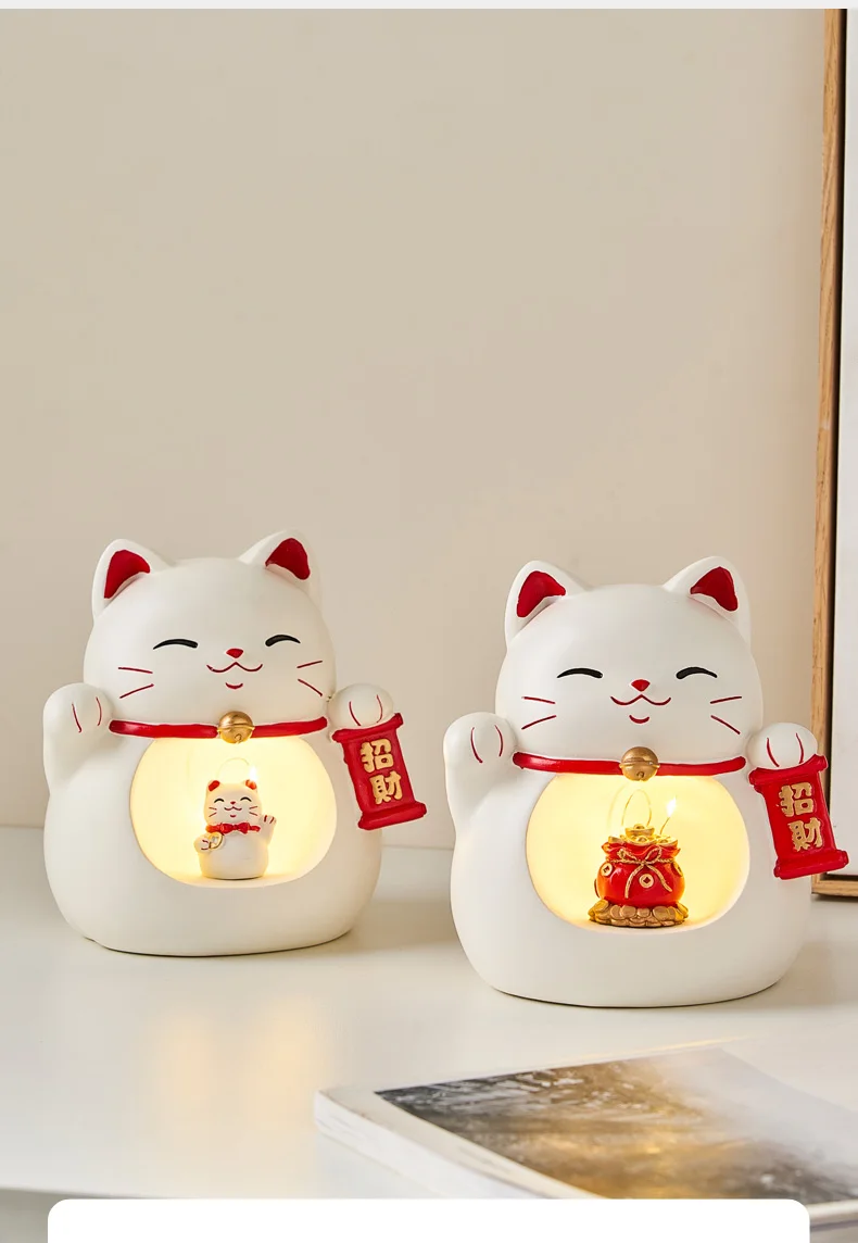 Chinese Lucky Cat Ornaments Night Light Home Decor Resin Maneki Neko ...