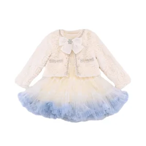 Customizable Winter New Design Girls Clothing Sets Velvet Carton Princess Dresses Quilted Faux Fur Jacket Kids Two Pieces Sets