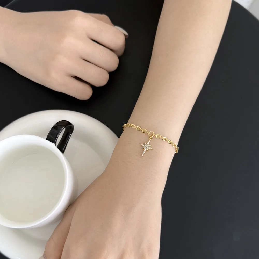 KAKODIY Women's Rhodium 18K Gold Plated Eight Point Star Bracelet 5A Zirconia Cross Tail Pendant Link Bracelet with Extender detail 6