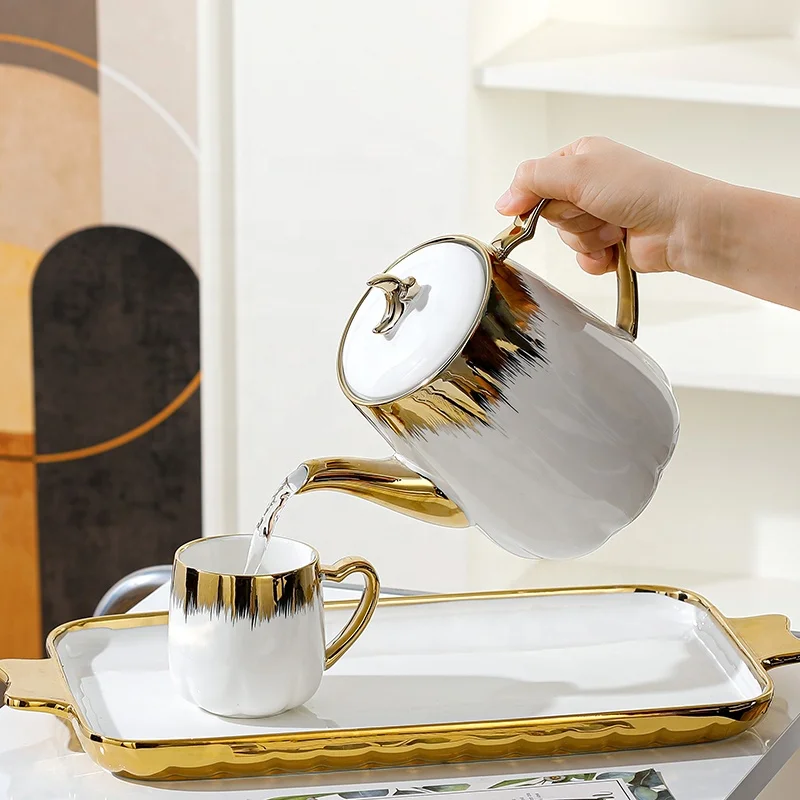 For 6 Person Use Creative Electroplate Art Decor Wholesale Ceramic Tea Cup Set with Gift Box 6 Cups 1 Teapot and Serving Tray