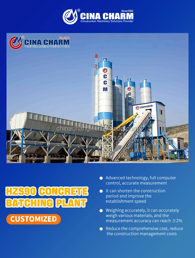 Hzs90 Stationary Wet Mix Concrete Batching Plant Specification Ready