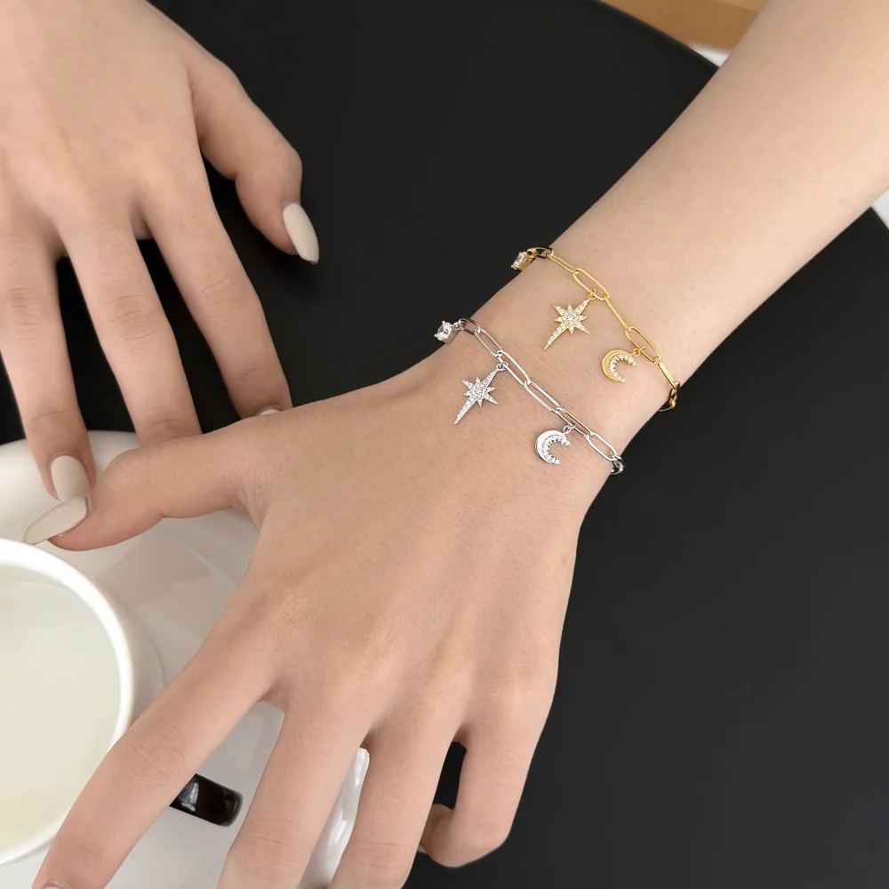 KAKODIY Exquisite Eight Point Star and Moon Chain Bracelet Adjustable Chain Shiny Cubic Zirconia Exquisite Women's Bracelet detail 4