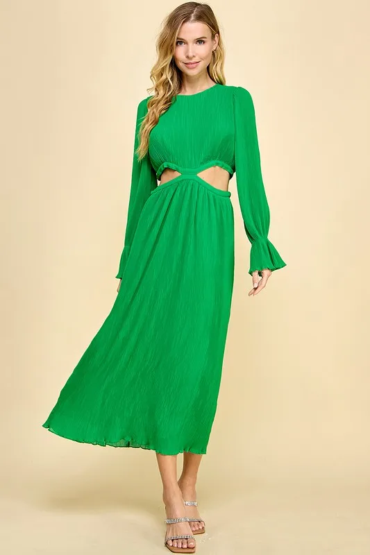 A Long Dress For Women With A Round Neckline, Pleated At The Waist, And Featuring Cutouts. - Image 4