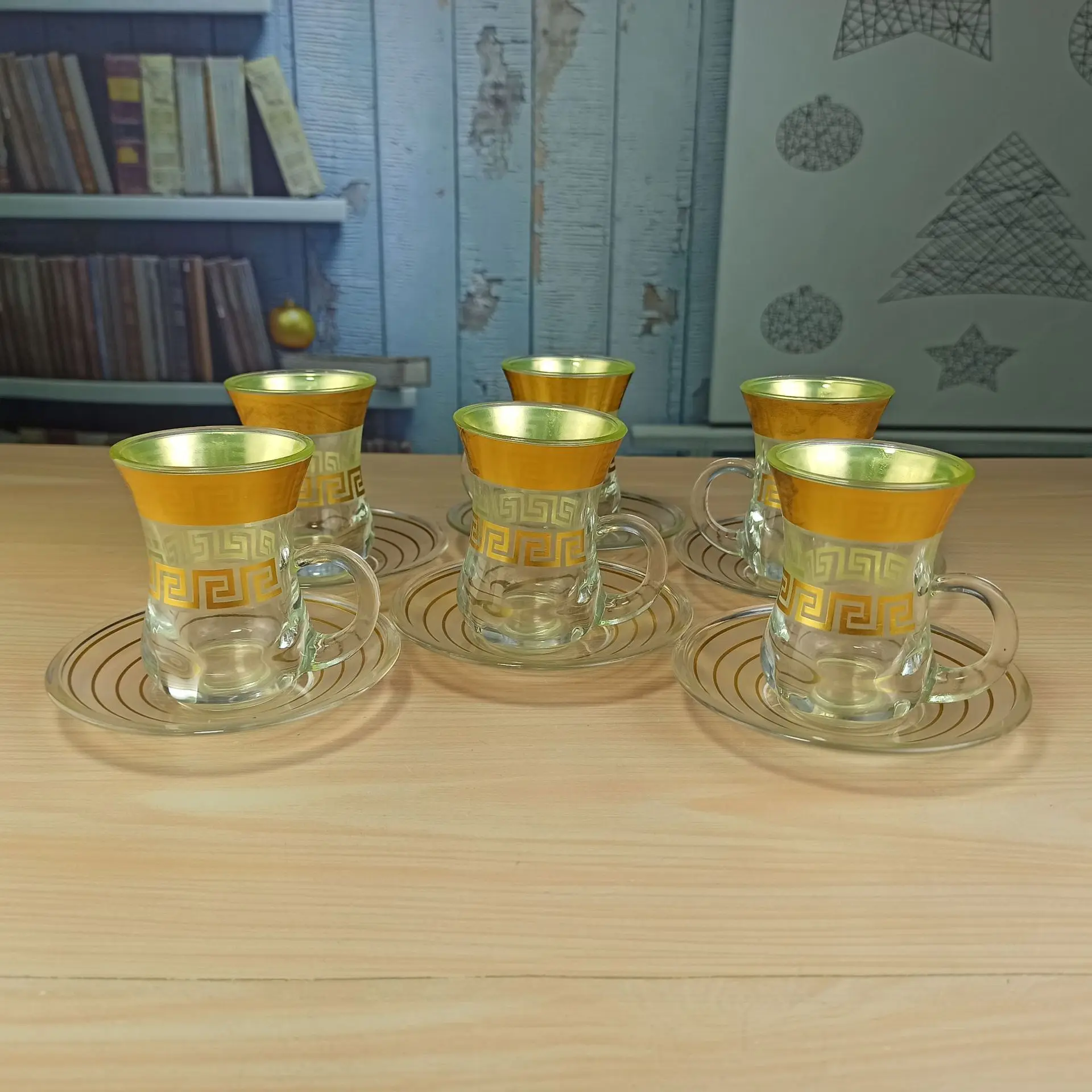 Arabic Coffee Set Gold Drawing Tea Mug Glass Cup and Saucer Set Ethiopian Coffee Cup Set