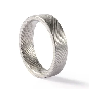 Trendy 6mm 8mm Customize Unique Wood Grain Patterned Flat Damascus Steel Ring Wedding Band