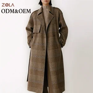 Casual Long Winter Coat in Grid Cashmere Woolen Fabric with 6% Silk Woolen Lining and Belt Closure