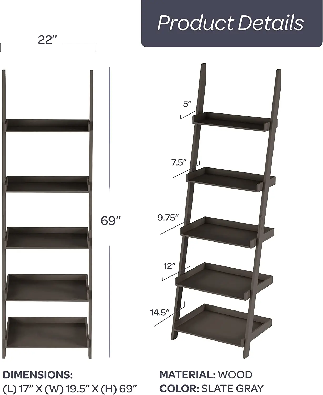 Black Wooden Leaning Bookshelf Record Player Ladder Shelves For