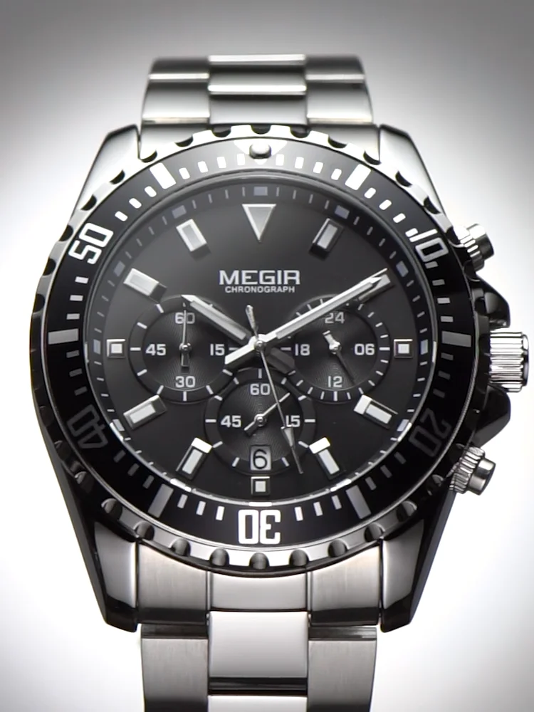 MEGIR Orologio Uomo Cronografo Quarz – Acciaio Inox, Impermeabile 3 ATM, Luminescente, Militare (Nero)