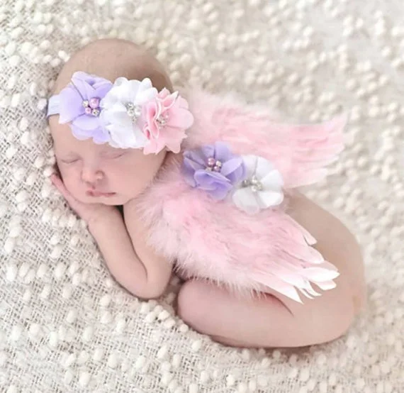 Baby Flowers Headband & Feather Angel Wings Photo Props Children Photography~ 
