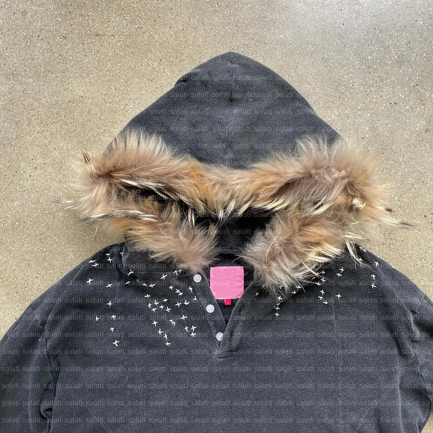Custom Streetwear Hoddie Men Fur Hood Pullover Waffle Knit Faded Raw Hem Cotton Print Distressed Vintage Acid Wash Hoodie Unisex gallery 4