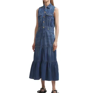 Clothing Manufacturers Custom Spring Summer Autumn Turn Down Neck Sleeveless Two Piece Denim Midi Dress