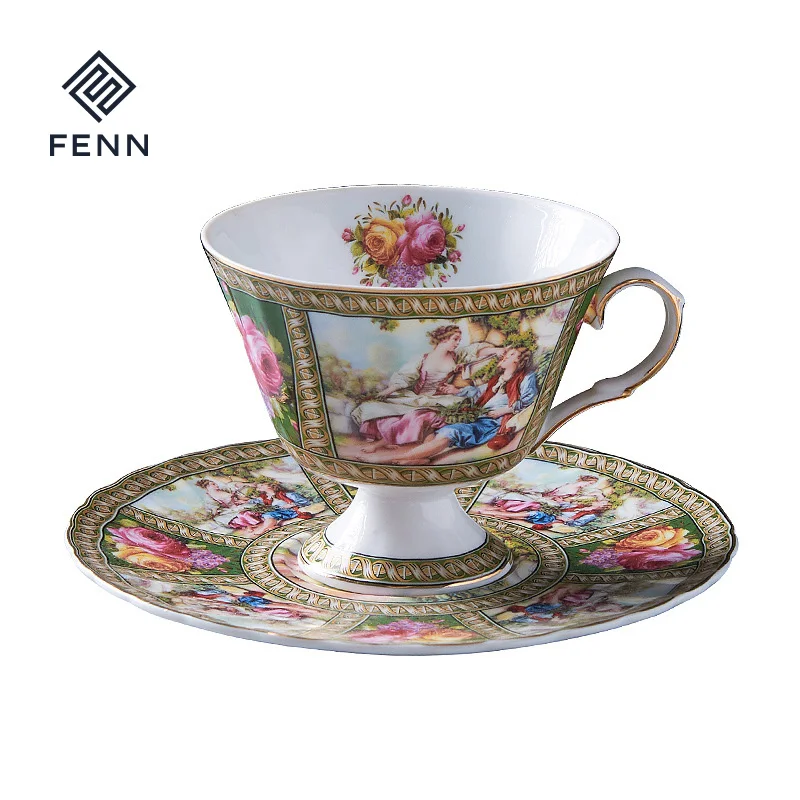 Vintage nordic ceramic coffee cup saucer western tracing gold thread set Creative gold-rimmed water cup matte for afternoon tea