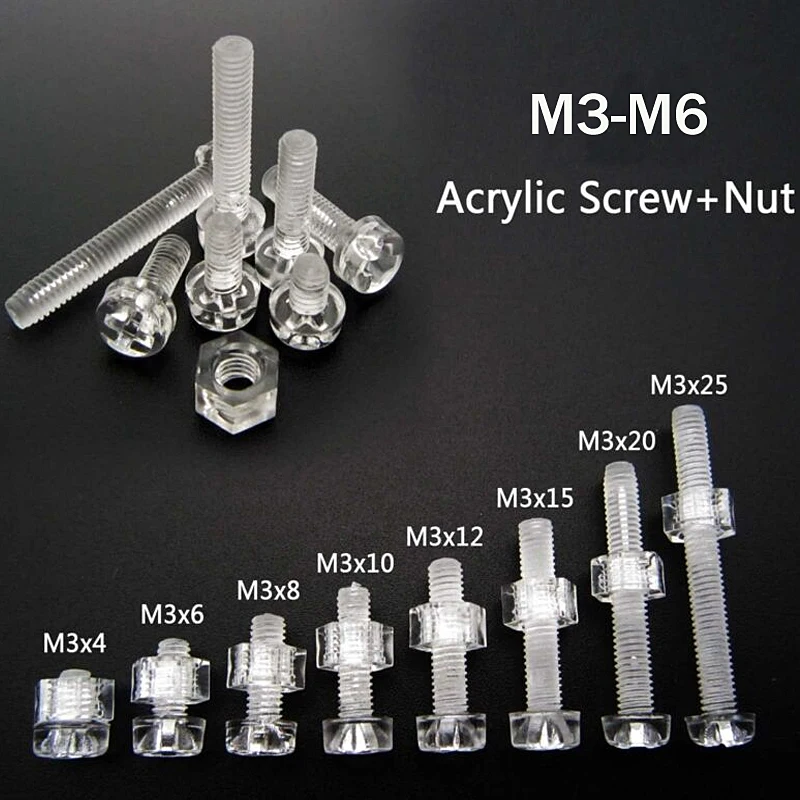 M2 M3 M4 M5 M6 M8 Acrylic Clear Plastic Nylon M3-M6 Round Phillips Head Screw Bolt + Nut