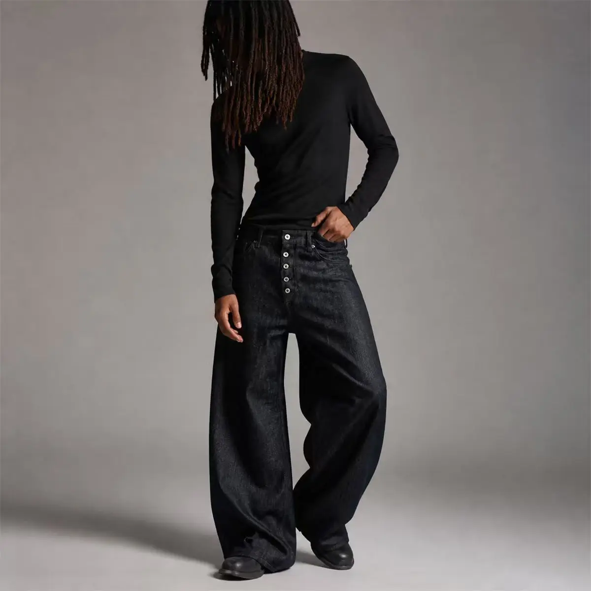 Wholesale Black Mens Jeans Raw Denim Super Baggy Wide Leg Button Fly Floor Length Y2K Streetwear Fashion Men Denim Jeans gallery 3