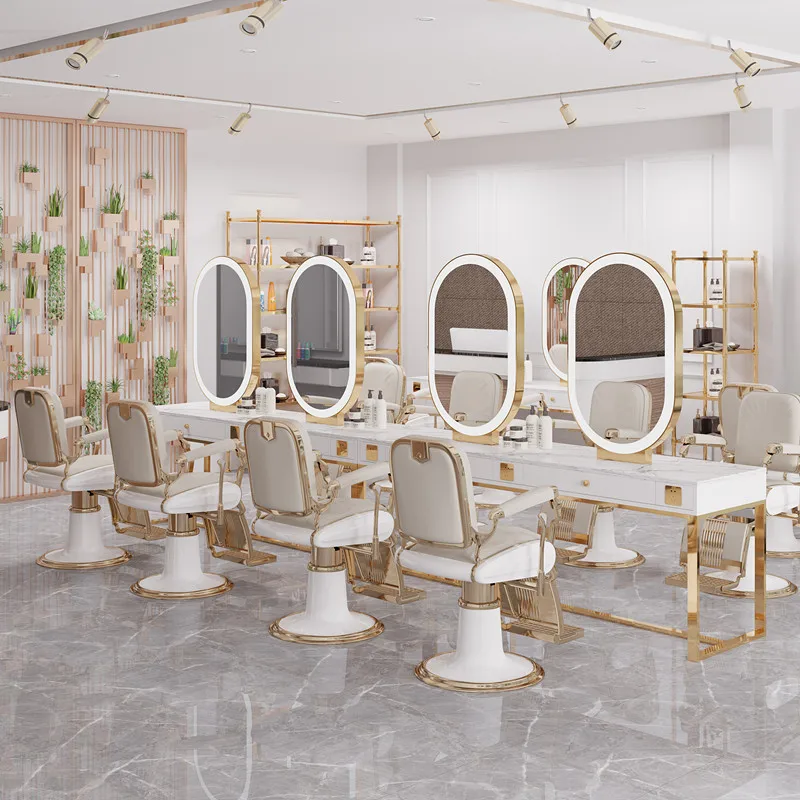Ins Style Mirror Led Light Modern Cabinet Hair Beauty Salon Furniture Barber Station