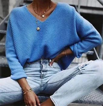 Autumn Winter Blue Knitted Pullovers Women Long Sleeve V-neck Cashmere Sweaters Women Casual Korean Female Jumper