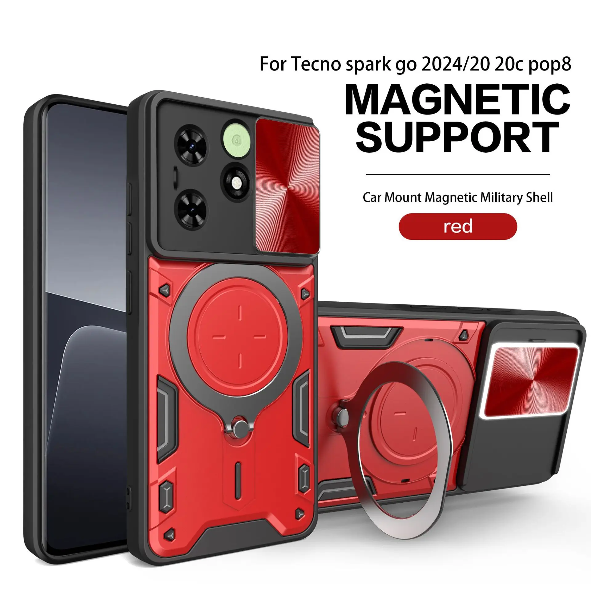 Dual Layer Defend Case for Tecno Spark Go 2024/ Spark 20C/ Pop 8 Protective Case with Kickstand and Slide Camera Cover
