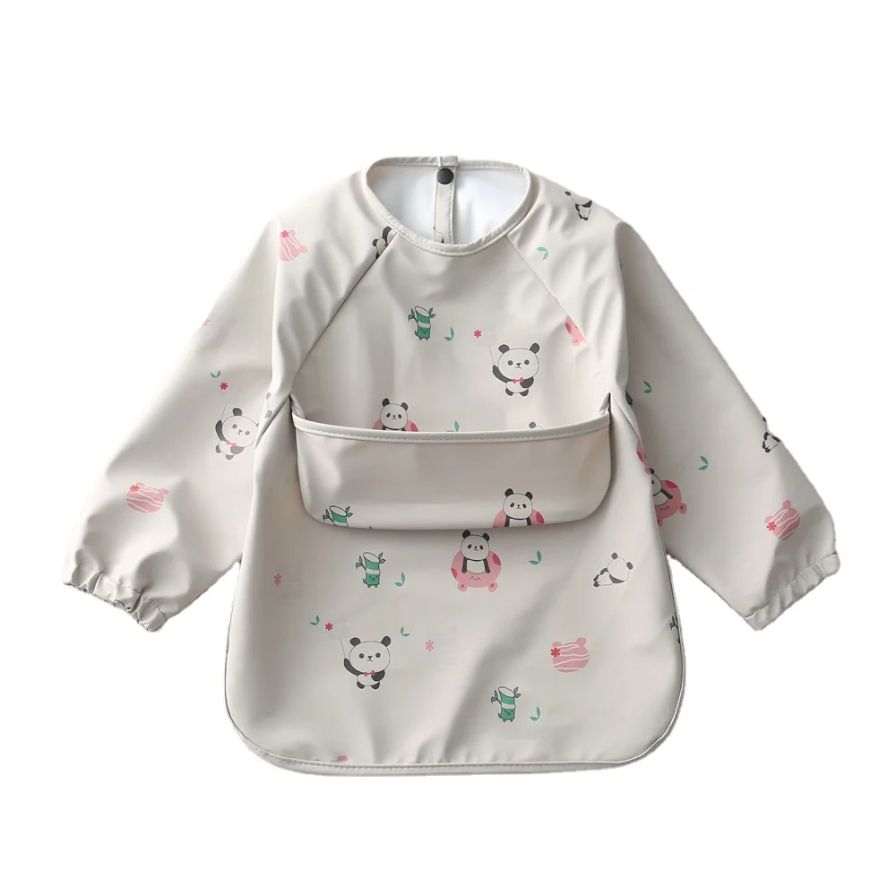 Super Soft PU Waterproof Baby Bibs Sanggol Toddler Long Sleeve Feeding Bib Sa Food Catcher Madaling Malinis at Mahuhugasan na Baby Art smock