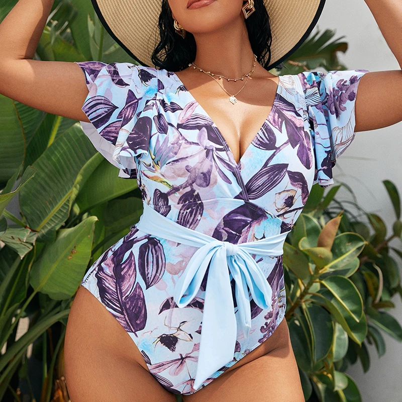 Plus Size Multicolor All Over Tropical Print One Piece Swimsuit