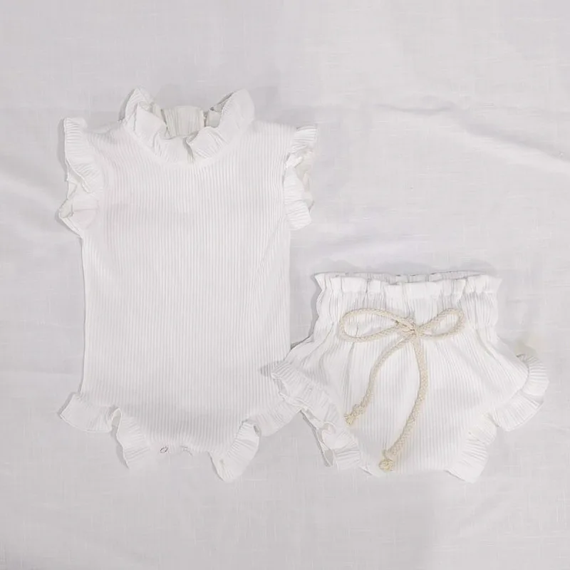Newborn Baby Girl Clothes Set Solid Lace Ruffles Sleeve Backless Tops Toddler Shorts Outfits 100% Cotton
