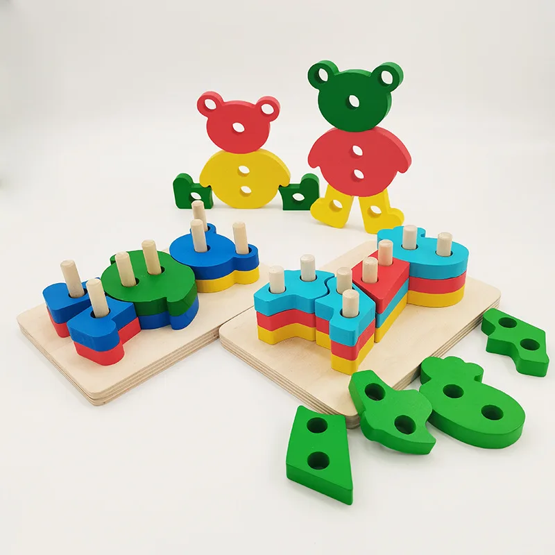 Kids Wooden Blocks Learning Educational Toy Geometric Shape Matching Building Block Toys Columns Matching Blocks Toy