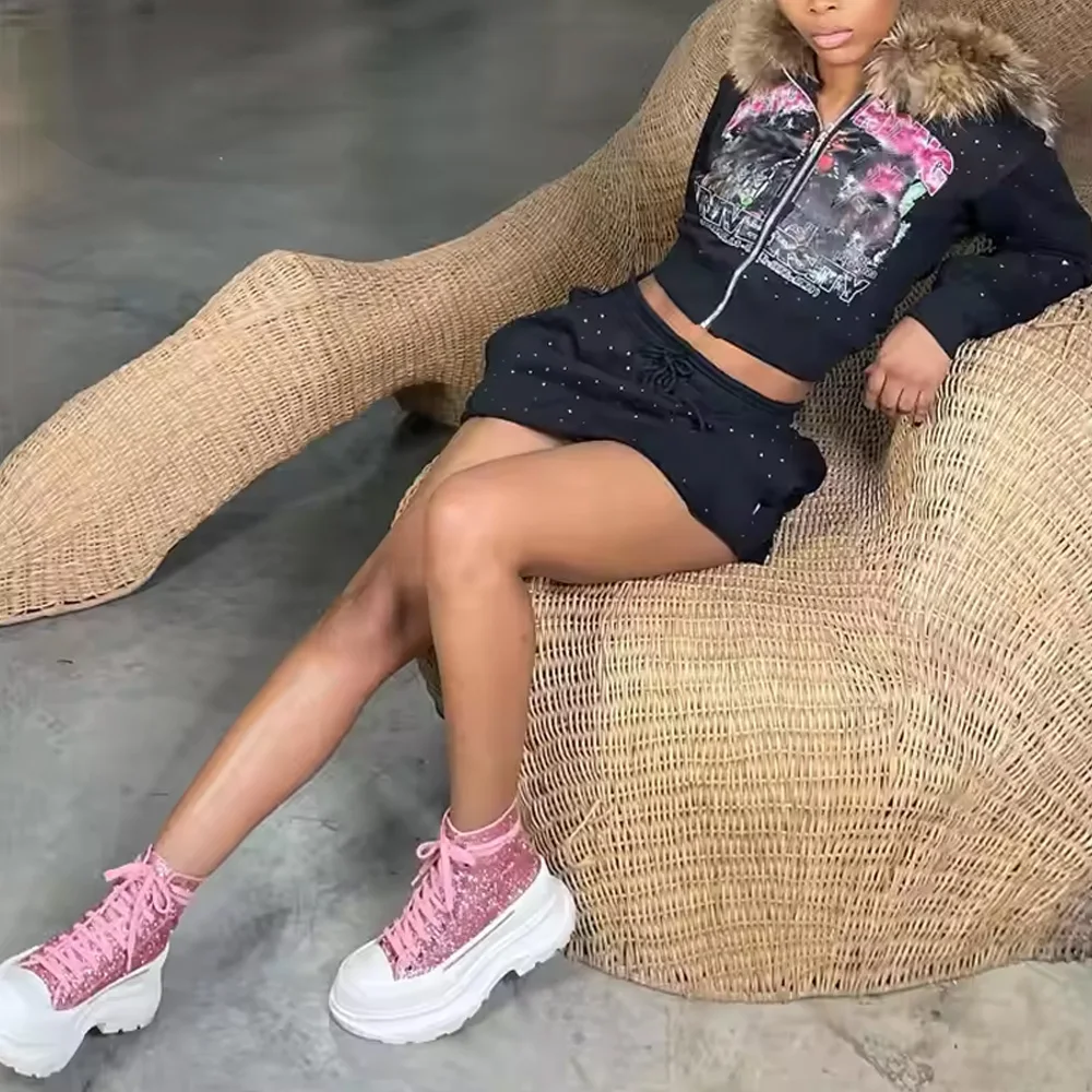 Custom Y2K 2 Piece Set Faux Fur Hoodie Drawstring Matching