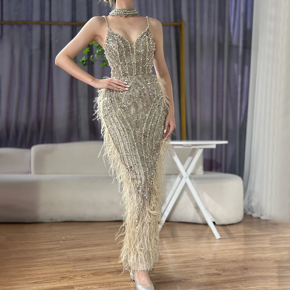 White Nude Mermaid Beaded Feathers Evening Gown - Serene Hill LA72047 Prom  Dress for Women, Perfect for All Seasons