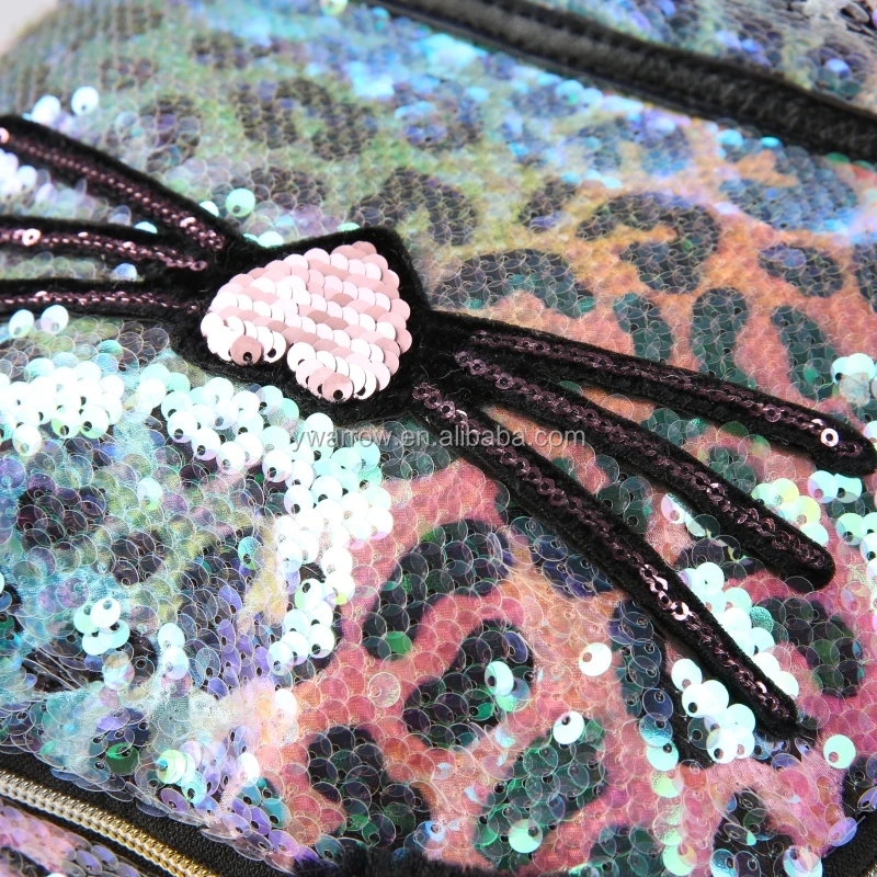 Fashion Cute Kitty Cat Ears Design Women Backpacks Cartoon Kawaii Girls  School Bags Blue Leopard Skin Pattern Sequins BackPack