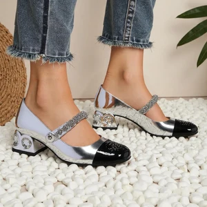 Luxury Ladies Heels in Light Blue Black Square Heel with Rhinestones Slip-on Closure Comfortable Cushioned Soft Square Toe