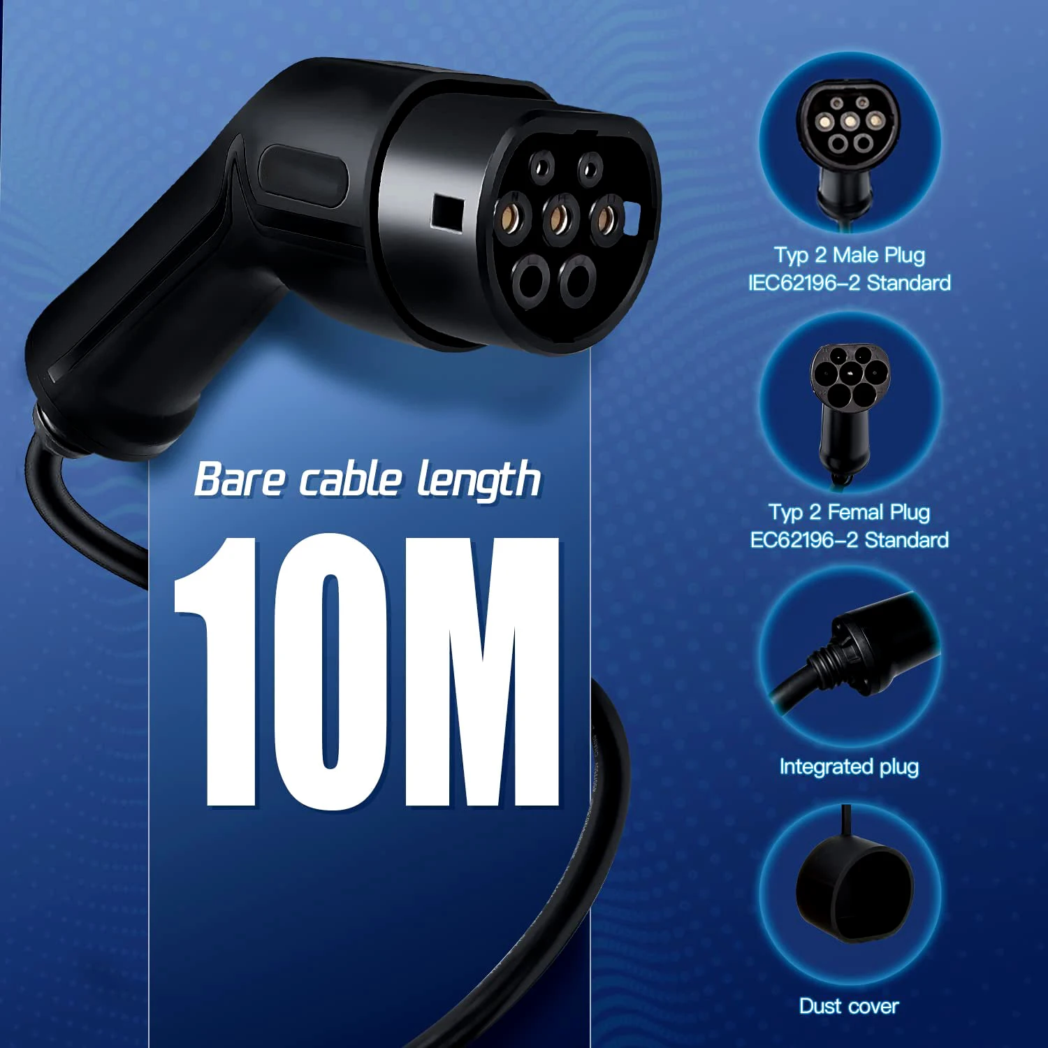 Type 2 Charging Cable 10M Type 2 to Type 2 EV 32A Electric Vehicle Charging Cable Single Phase Mode 3 7.4KW with Free Bag
