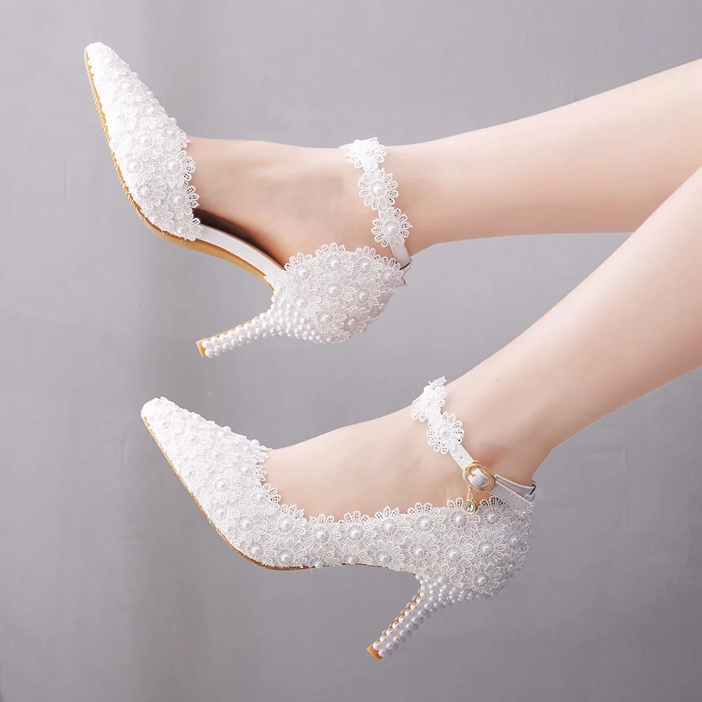 S101F      Large Size Sandals Stiletto Pointed White Lace Wedding Shoes