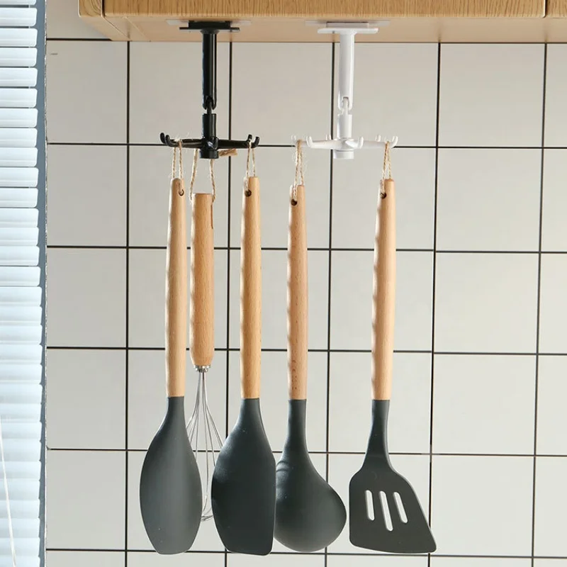 360 Degrees Rotated Kitchen Hooks Self Adhesive 6 Hooks Home Wall Door Hook Handbag Clothes Ties Bag Hanger Hanging Rack