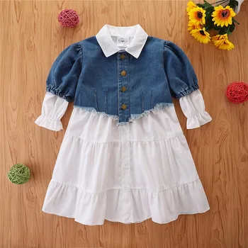 Autumn Baby Girl Long Sleeve Dress Turn Down Collar White Blouse Dress Denim Tops Jackets 2PCS Set Fall Clothes Boutique