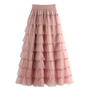 Women's High Waist Maxi Pleated Skirt Sweet Princess Fairy Patchwork Design Korean Fashion Party Faldas Casual Style for Summer