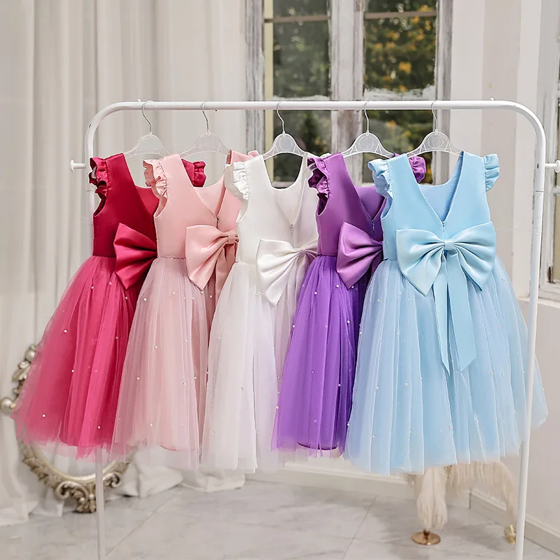 Toddler Girls Birthday Tulle Dress Backless Wedding Gown Kids Party Wear  Princess Pink Dress